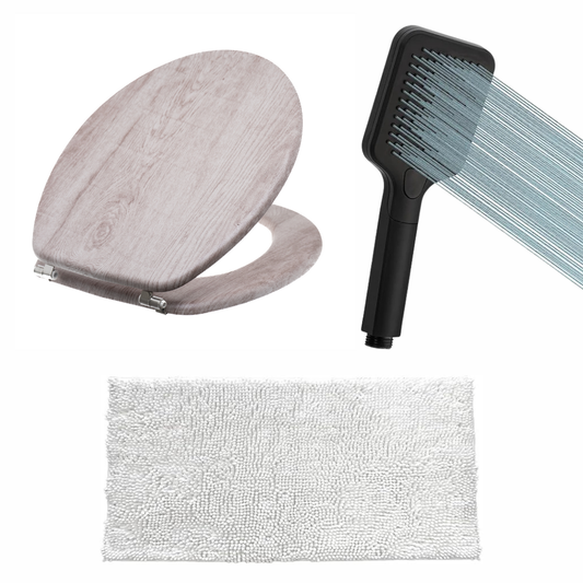Wooden Toilet Seat, Shower Head & Mat Bundle